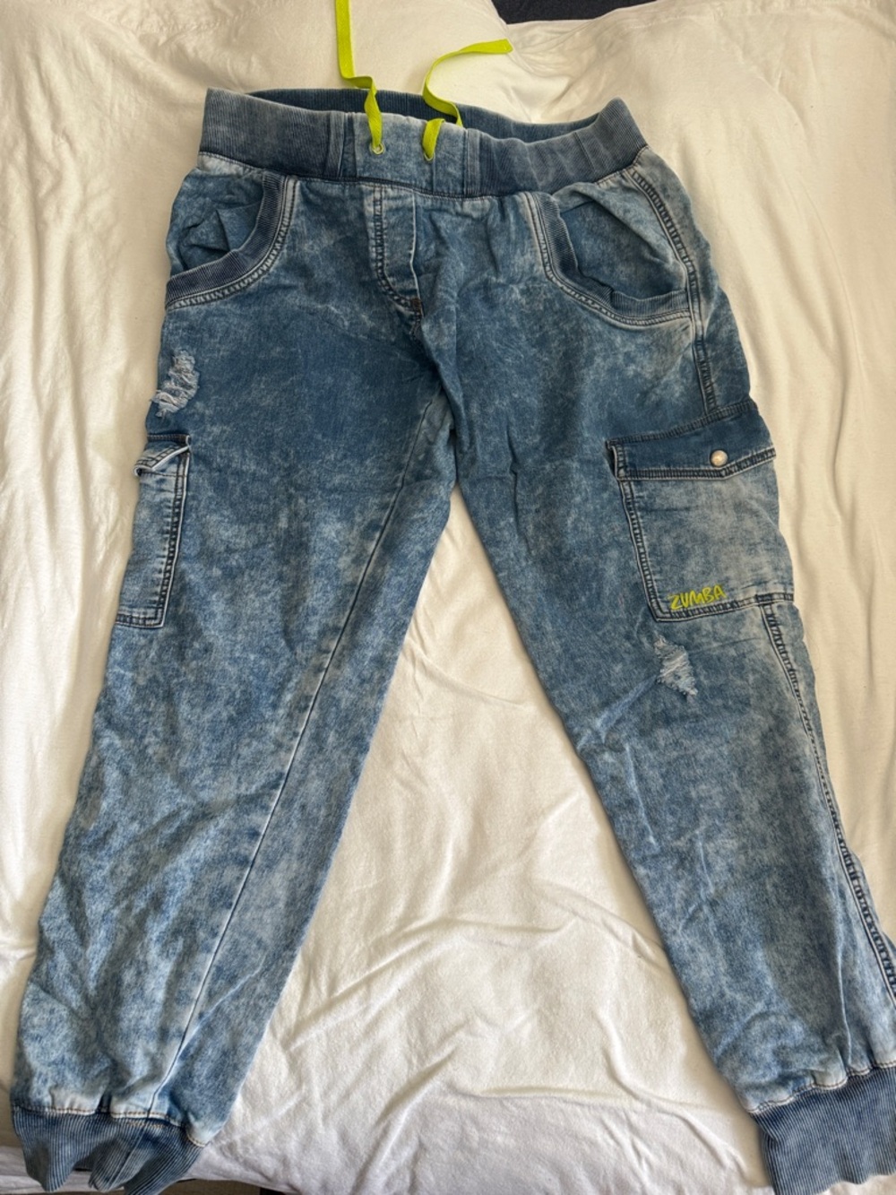 Zumba Light Blue Acid-Wash Joggers with Neon Yellow Logo